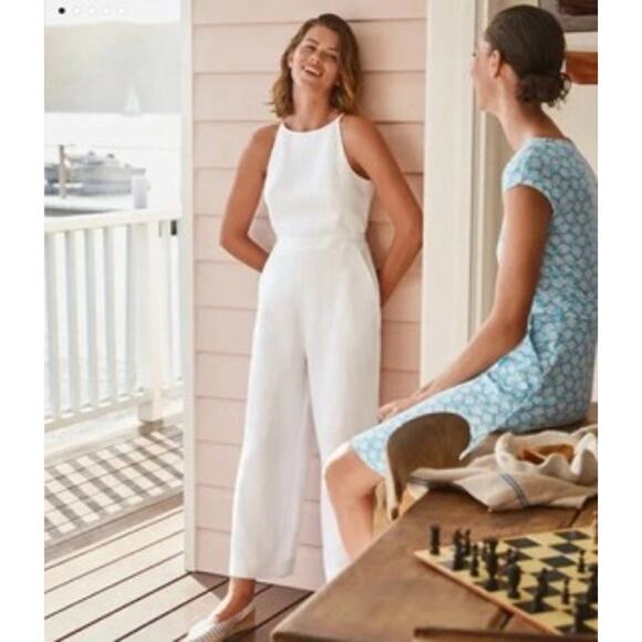 Women' s US SZ 8 Tall Boden halter neck white 100% linen wide leg jumpsuit - Picture 5 of 6